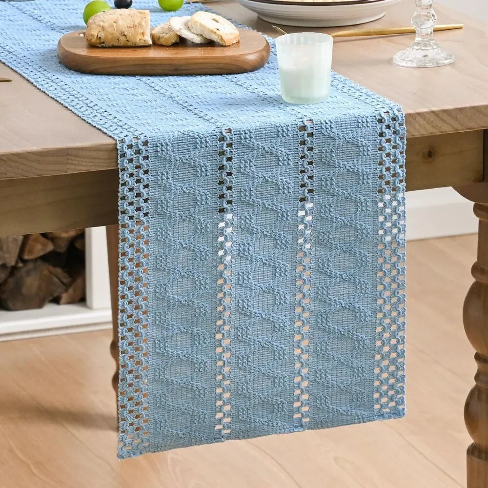 12x60 Inch Sky Blue Farmhouse Woven Rustic Hollow Table Runner
